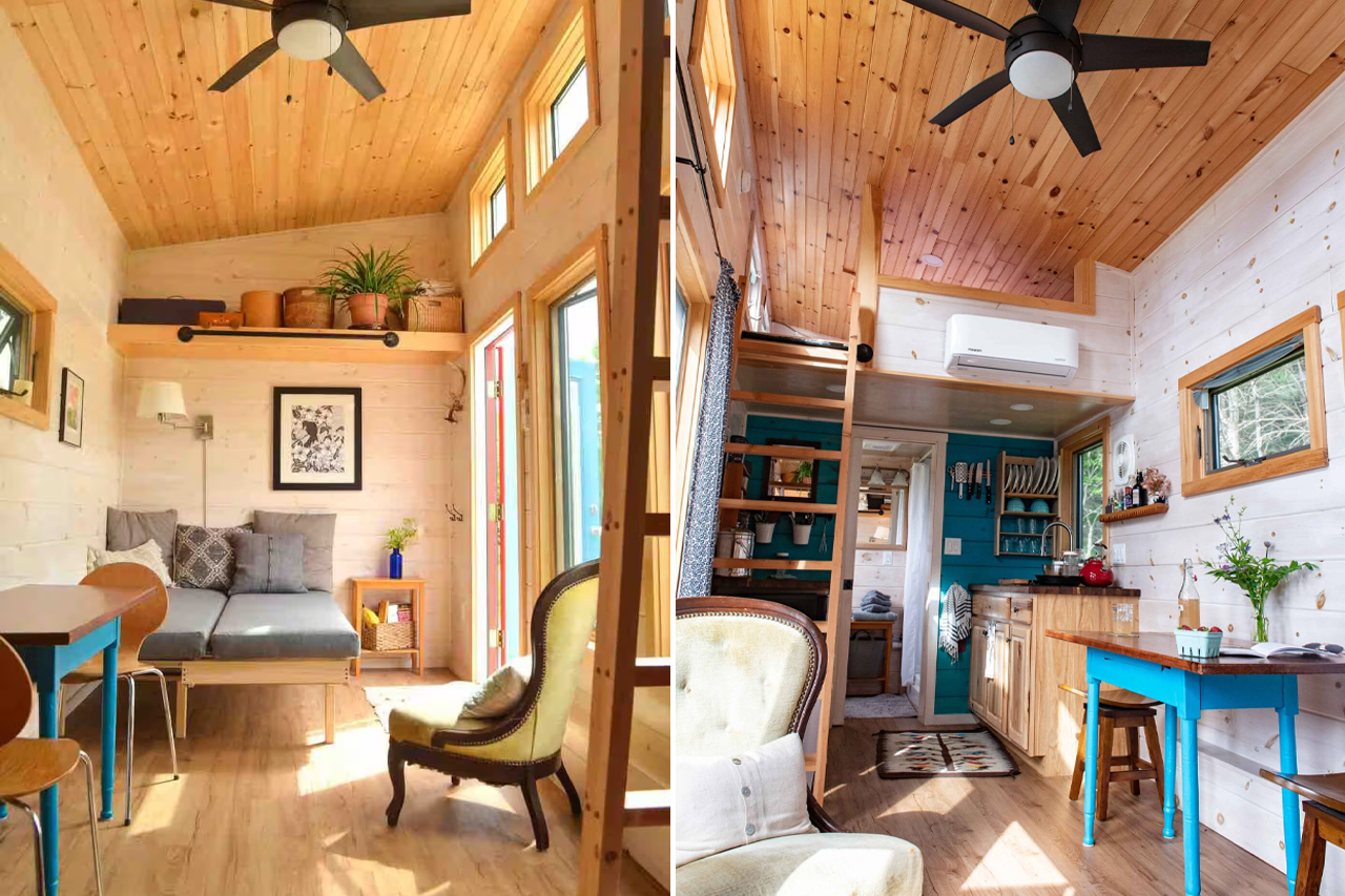Crow’s-Nest-Tiny-House-in-Maine-on-Airbnb-Rental-living-room-area-with-sofa-bed