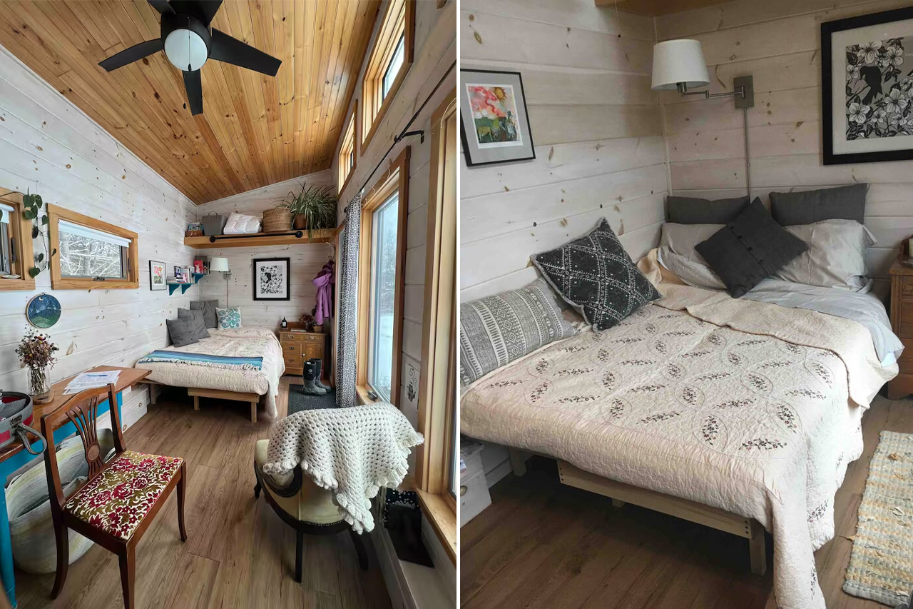 Crow’s-Nest-Tiny-House-in-Maine-on-Airbnb-Rental-sofa-bed-close-shot