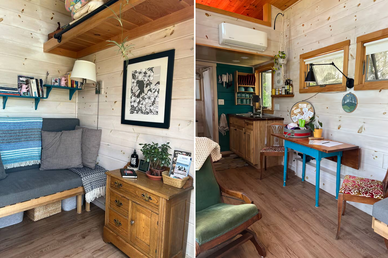 Crow’s-Nest-Tiny-House-in-Maine-on-Airbnb-Rental-living-room-area-with-sofa-bed-close-shot