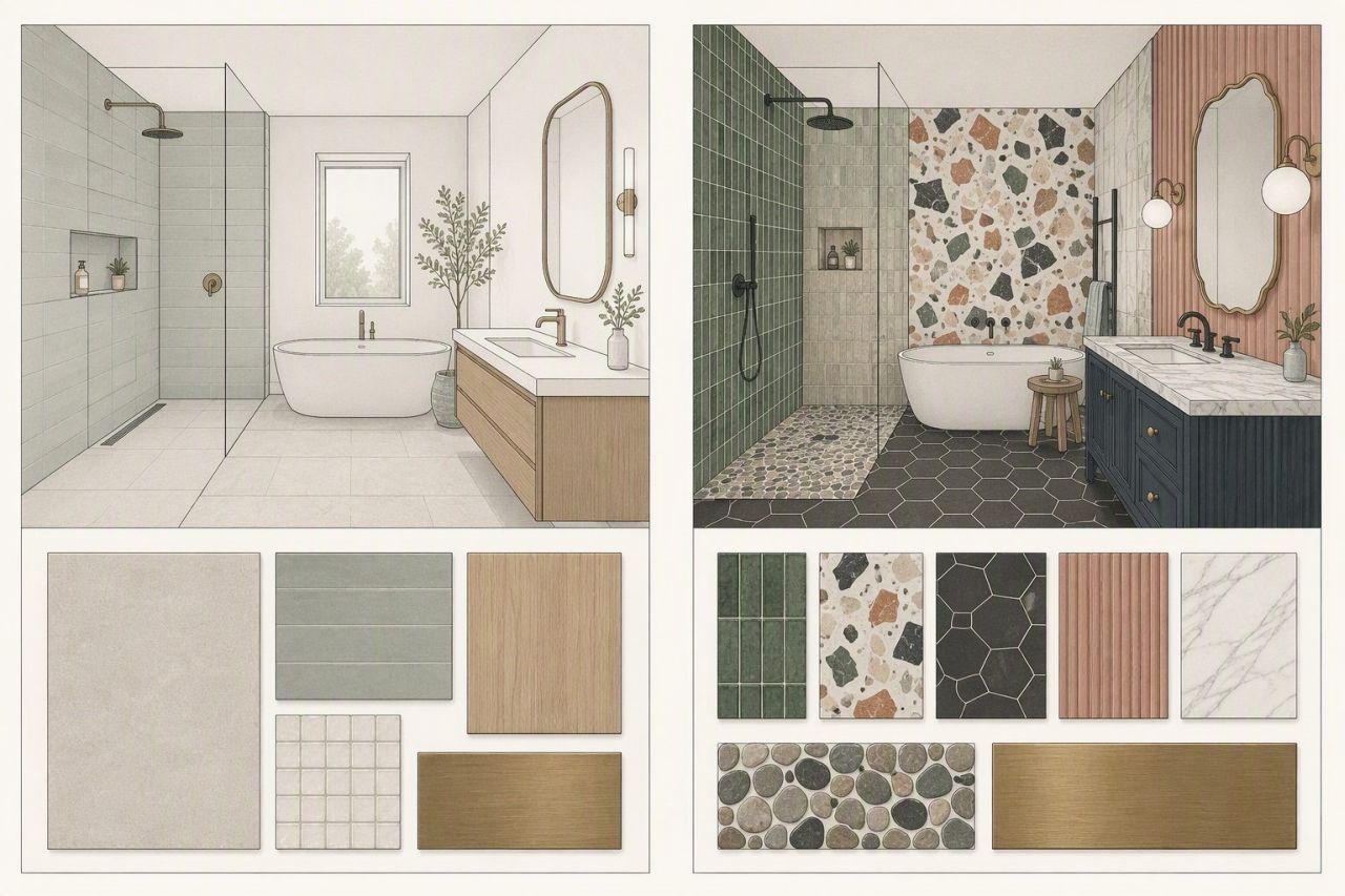 comparing tiles in a bathroom