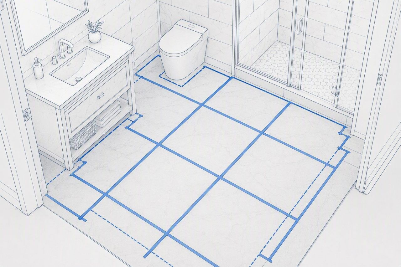 Taped tile outlines in bathroom