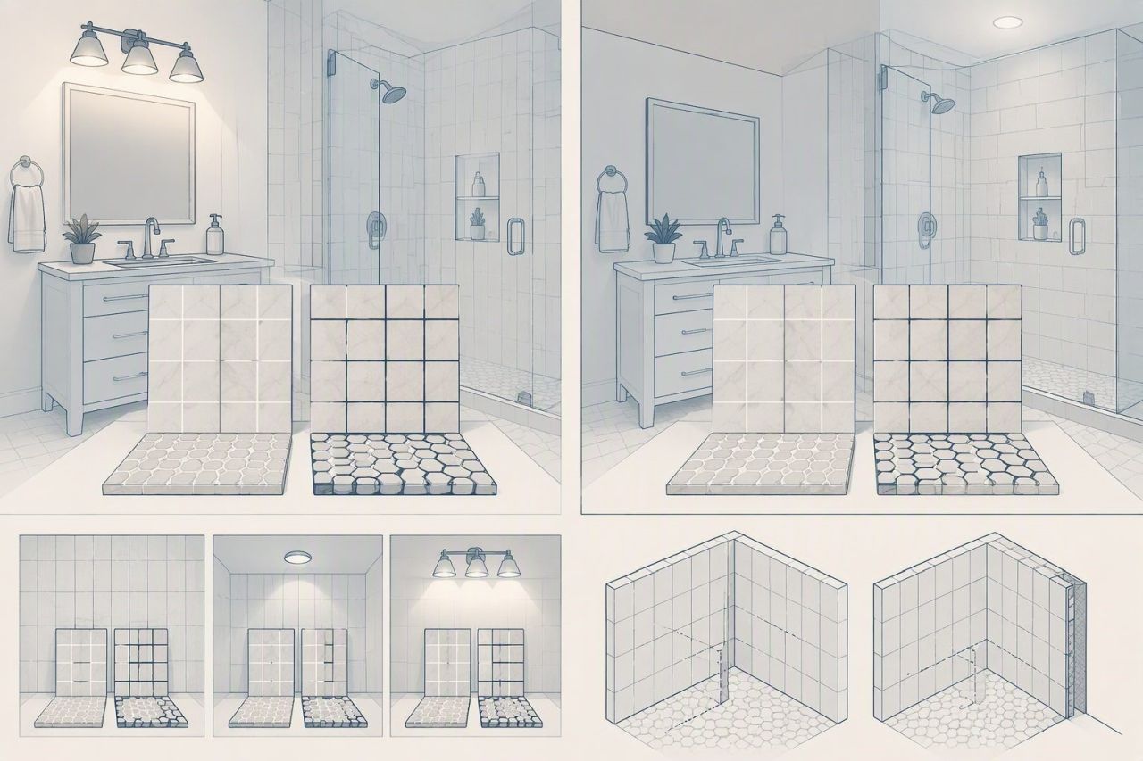 comparing tiles in a bathroom with different light settings