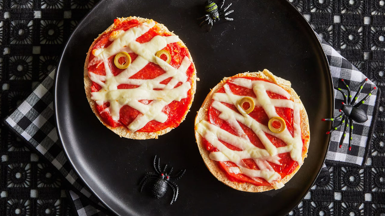 Halloween Bagel Pizza Mummies
