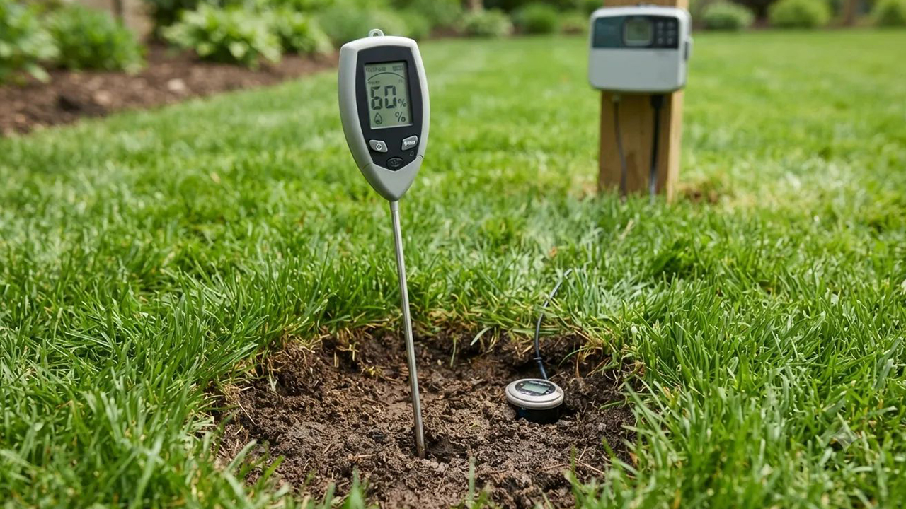 checking soil moisture in the lawn