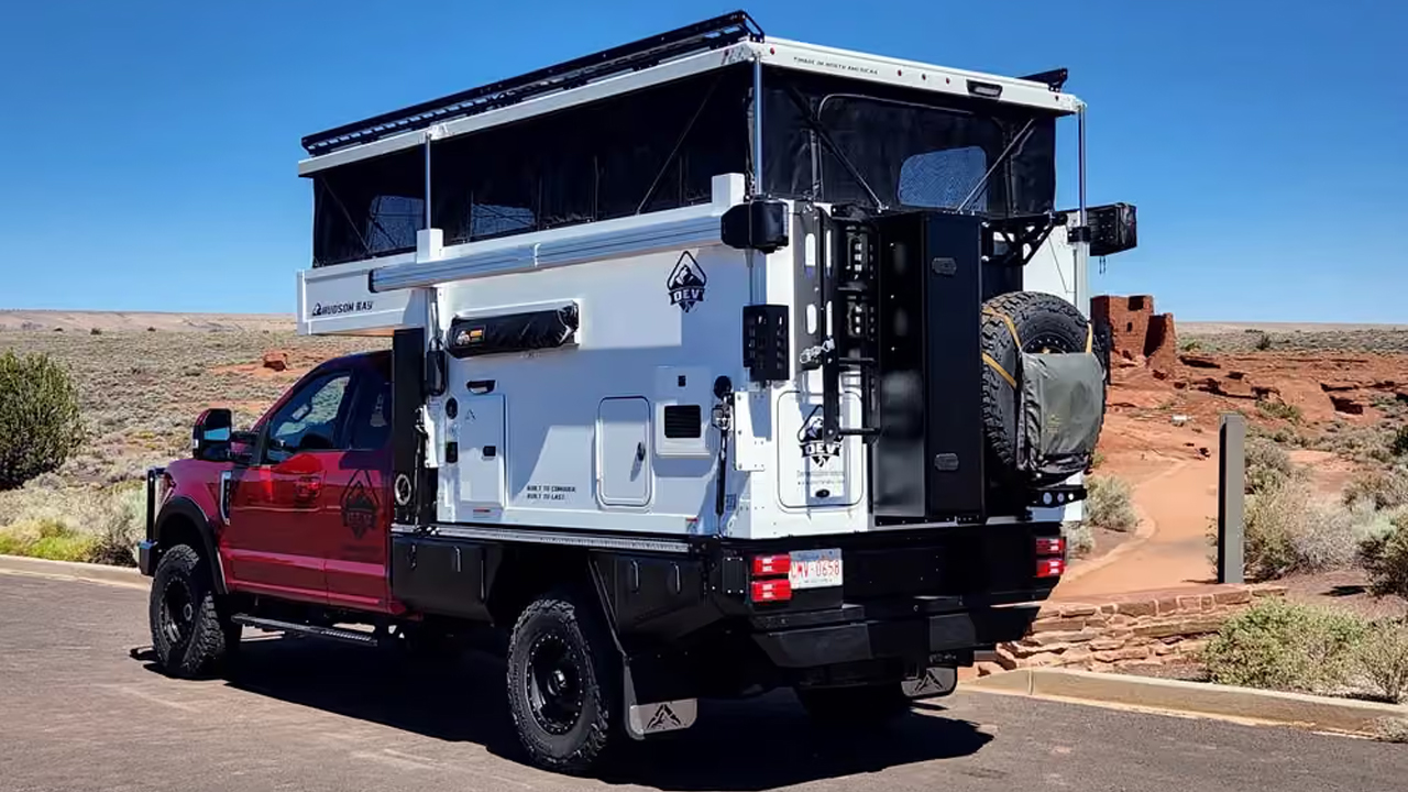 Hudson Bay Flatbed Pop-Up Truck Camper Fits Wet Bathroom, Without Cramping Up Kitchen