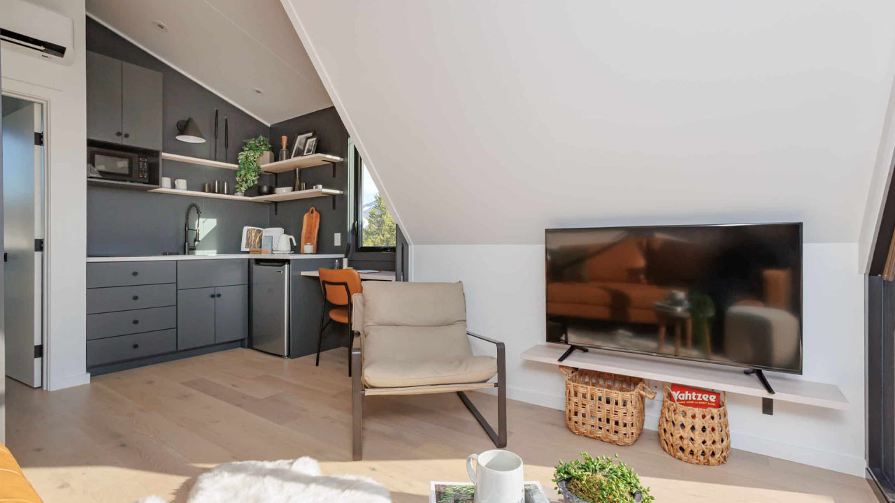 A-Frame Classic Tiny House_kitchen and living space